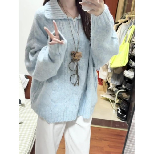 學院風軟糯藍色半拉鍊套頭麻花毛衣女秋季韓系慵懶寬松針織上衣冬 學院風軟糯藍色半拉鍊套頭麻花毛衣女秋季韓系慵懶寬松針織上衣冬