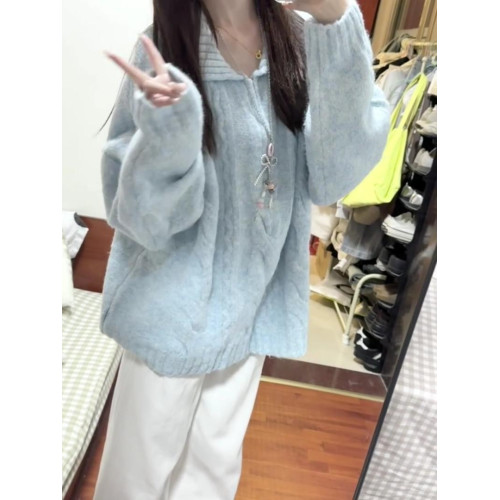 學院風軟糯藍色半拉鍊套頭麻花毛衣女秋季韓系慵懶寬松針織上衣冬 學院風軟糯藍色半拉鍊套頭麻花毛衣女秋季韓系慵懶寬松針織上衣冬