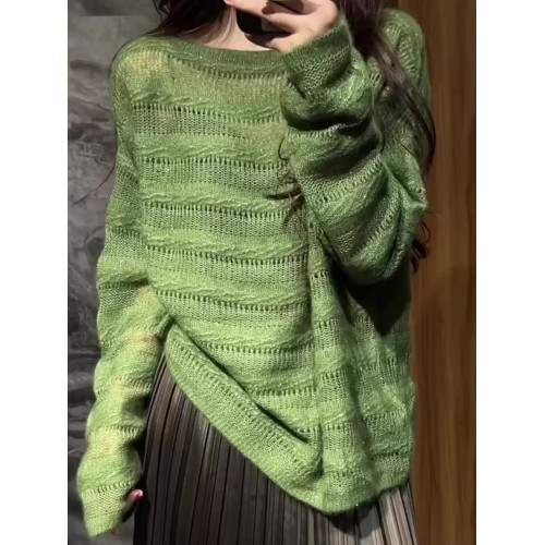 早秋巨好看流行韓系穿搭松弛感綠色寬松針織上衣慵懶風高級感毛衣