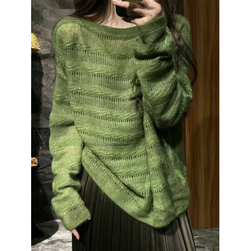 早秋巨好看流行韓系穿搭松弛感綠色寬松針織上衣慵懶風高級感毛衣