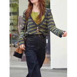 韓版復古條紋撞色連帽針織衫女秋季大碼胖MM修身顯瘦假兩件上衣潮