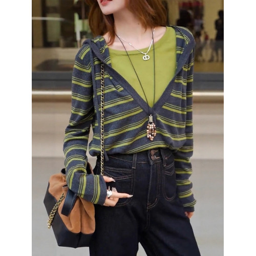 韓版復古條紋撞色連帽針織衫女秋季大碼胖MM修身顯瘦假兩件上衣潮