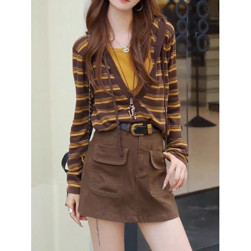韓版復古條紋撞色連帽針織衫女秋季大碼胖MM修身顯瘦假兩件上衣潮
