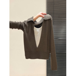 藏藍V領露鎖骨拼接假兩件長袖針織打底衫內搭秋季穿搭慵懶上衣女