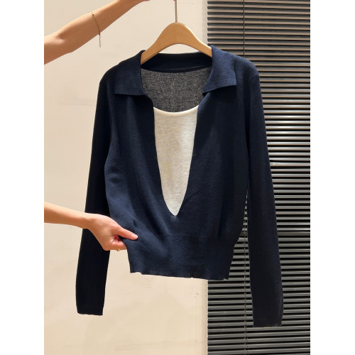 藏藍V領露鎖骨拼接假兩件長袖針織打底衫內搭秋季穿搭慵懶上衣女