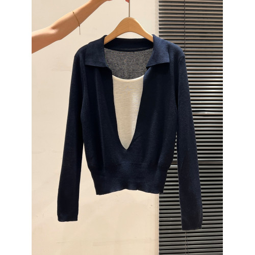 藏藍V領露鎖骨拼接假兩件長袖針織打底衫內搭秋季穿搭慵懶上衣女