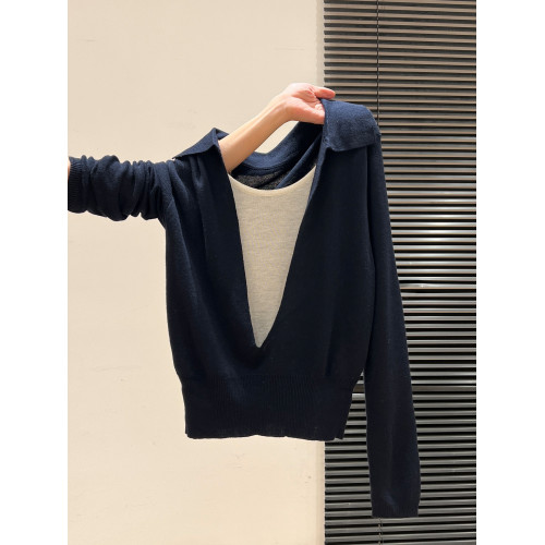 藏藍V領露鎖骨拼接假兩件長袖針織打底衫內搭秋季穿搭慵懶上衣女