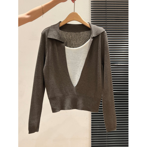 藏藍V領露鎖骨拼接假兩件長袖針織打底衫內搭秋季穿搭慵懶上衣女