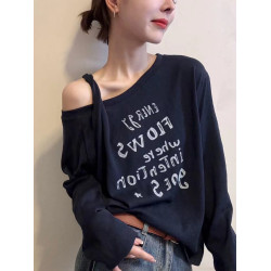 韓系字母印花斜領露肩長袖T恤2025秋季新款女設計感寬松百搭上衣