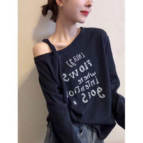 韓系字母印花斜領露肩長袖T恤2025秋季新款女設計感寬松百搭上衣 韓系字母印花斜領露肩長袖T恤2025秋季新款女設計感寬松百搭上衣