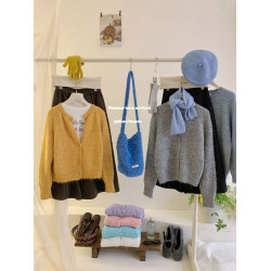 韓系復古花紗小金釦開衫毛衣女秋冬溫柔風毛絨感軟糯針織外套上衣