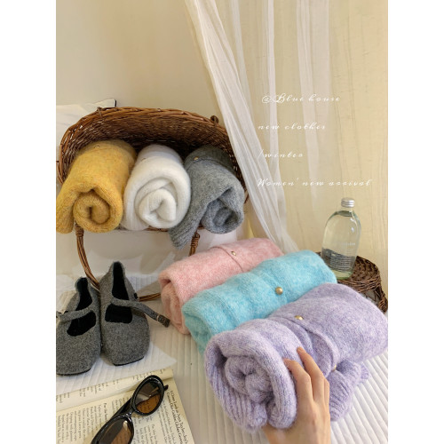 韓系復古花紗小金釦開衫毛衣女秋冬溫柔風毛絨感軟糯針織外套上衣