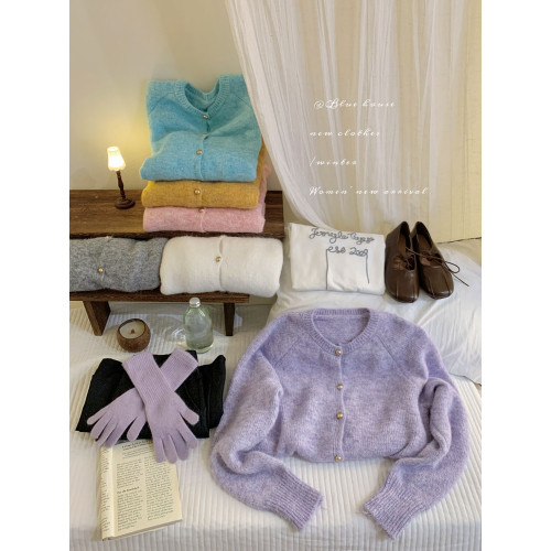 韓系復古花紗小金釦開衫毛衣女秋冬溫柔風毛絨感軟糯針織外套上衣