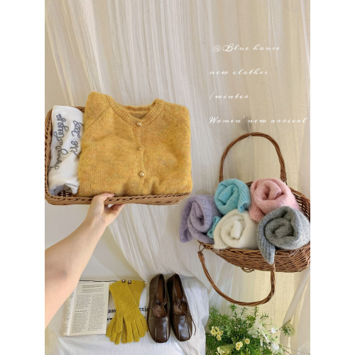 韓系復古花紗小金釦開衫毛衣女秋冬溫柔風毛絨感軟糯針織外套上衣