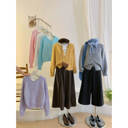 韓系復古花紗小金釦開衫毛衣女秋冬溫柔風毛絨感軟糯針織外套上衣