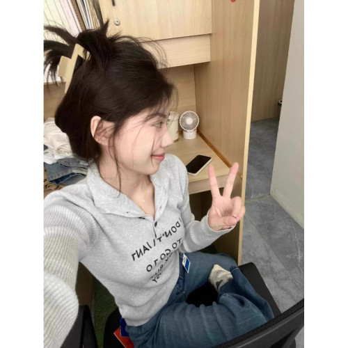韓系灰色半高領針織衫女春秋新款字母設計感氣質翻領早秋薄款上衣