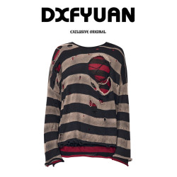 美式街頭雙層破壞條紋針織長袖T恤女秋季新款寬松休閒做舊上衣服