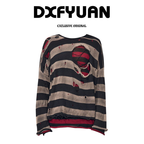 美式街頭雙層破壞條紋針織長袖T恤女秋季新款寬松休閒做舊上衣服