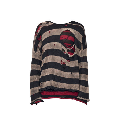 美式街頭雙層破壞條紋針織長袖T恤女秋季新款寬松休閒做舊上衣服