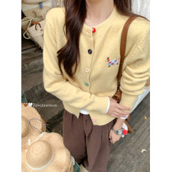 曾小鹹韓系黃色刺綉毛衣外套女秋冬寬鬆毛織針織開衫上衣秋季秋裝