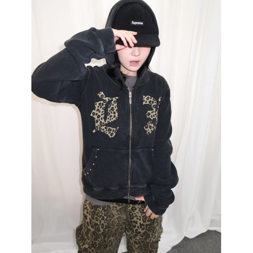 local aliens外星沙龍美式復古豹紋貼布鉚釘拉鍊衛衣華夫格外套潮 local aliens外星沙龍美式復古豹紋貼布鉚釘拉鍊衛衣華夫格外套潮