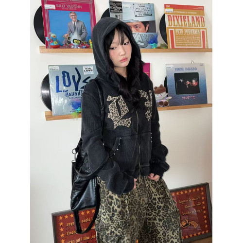 local aliens外星沙龍美式復古豹紋貼布鉚釘拉鍊衛衣華夫格外套潮 local aliens外星沙龍美式復古豹紋貼布鉚釘拉鍊衛衣華夫格外套潮