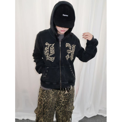 local aliens外星沙龍美式復古豹紋貼布鉚釘拉鍊衛衣華夫格外套潮 local aliens外星沙龍美式復古豹紋貼布鉚釘拉鍊衛衣華夫格外套潮