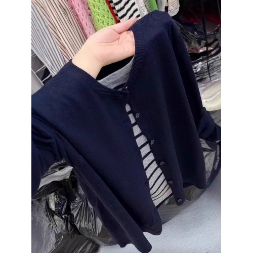 大碼撞色拼接條紋假兩件針織衫女秋季新款胖mm顯瘦超好看開衫上衣