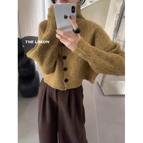 韓國東大門秋冬新款復古氣質寬松單排釦短款針織開衫毛衣外套女潮 韓國東大門秋冬新款復古氣質寬松單排釦短款針織開衫毛衣外套女潮