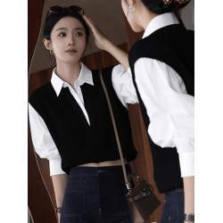 秋冬復古辣妹撞色襯衫領針織打底衫女內搭修身顯瘦假兩件長袖上衣