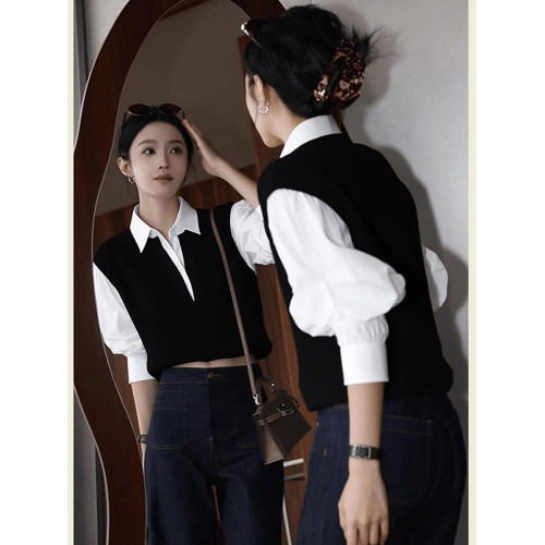 秋冬復古辣妹撞色襯衫領針織打底衫女內搭修身顯瘦假兩件長袖上衣