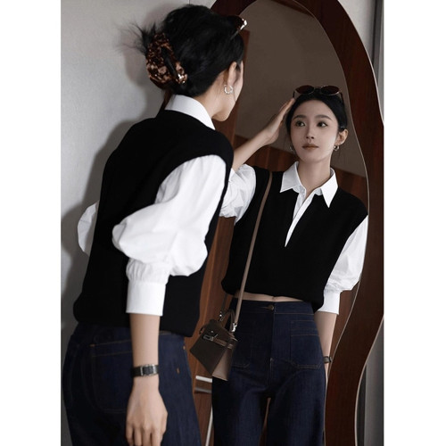 秋冬復古辣妹撞色襯衫領針織打底衫女內搭修身顯瘦假兩件長袖上衣