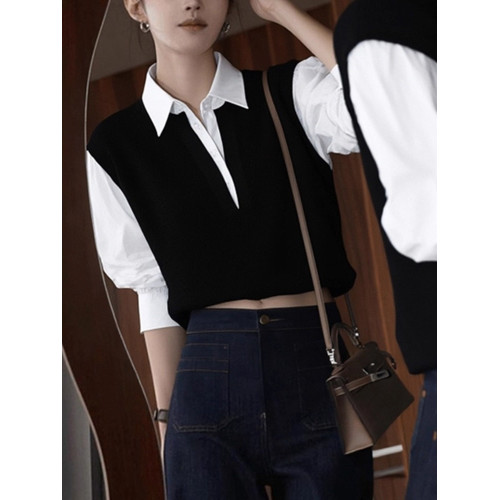 秋冬復古辣妹撞色襯衫領針織打底衫女內搭修身顯瘦假兩件長袖上衣