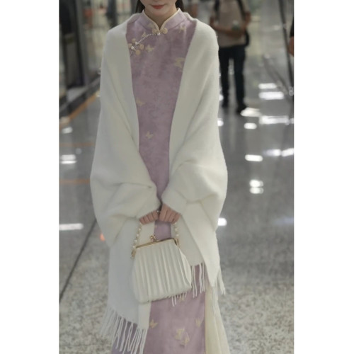 少女鬭篷仿水貂絨披肩外套2025新款秋冬復古民國風配旗袍外搭白色