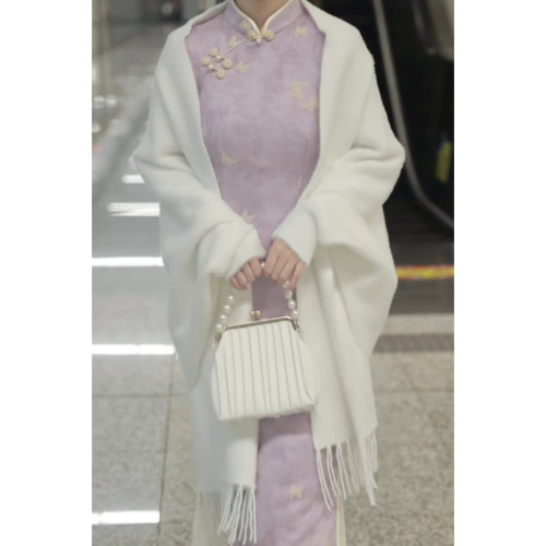 少女鬭篷仿水貂絨披肩外套2025新款秋冬復古民國風配旗袍外搭白色