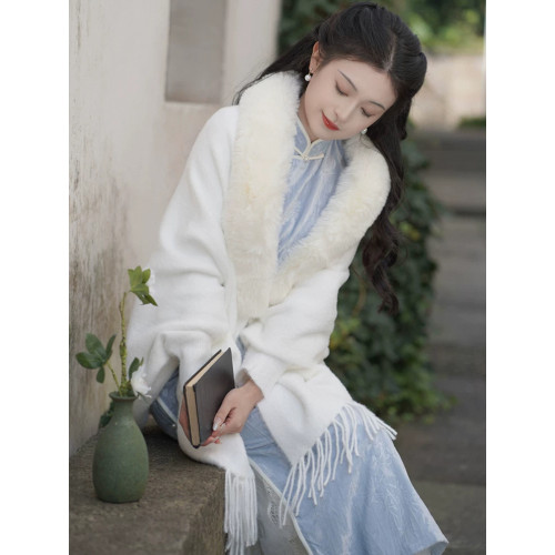 少女鬭篷仿水貂絨披肩外套2025新款秋冬復古民國風配旗袍外搭白色