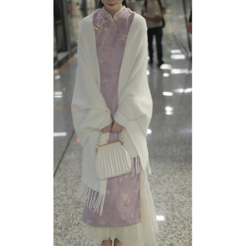 少女鬭篷仿水貂絨披肩外套2025新款秋冬復古民國風配旗袍外搭白色