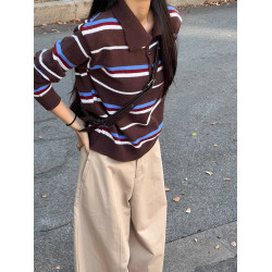 韓系復古設計感條紋撞色長袖毛衣女秋冬休閒百搭polo領針織衫上衣