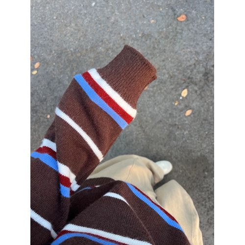 韓系復古設計感條紋撞色長袖毛衣女秋冬休閒百搭polo領針織衫上衣 韓系復古設計感條紋撞色長袖毛衣女秋冬休閒百搭polo領針織衫上衣