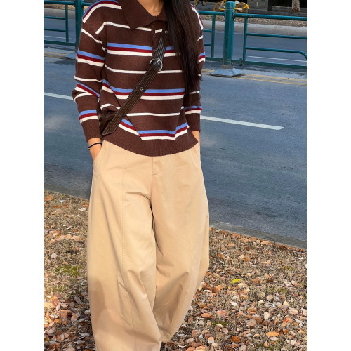 韓系復古設計感條紋撞色長袖毛衣女秋冬休閒百搭polo領針織衫上衣 韓系復古設計感條紋撞色長袖毛衣女秋冬休閒百搭polo領針織衫上衣