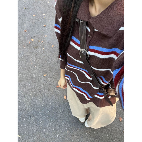 韓系復古設計感條紋撞色長袖毛衣女秋冬休閒百搭polo領針織衫上衣 韓系復古設計感條紋撞色長袖毛衣女秋冬休閒百搭polo領針織衫上衣