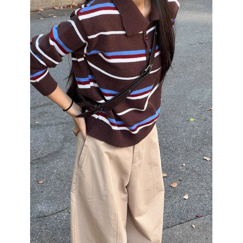 韓系復古設計感條紋撞色長袖毛衣女秋冬休閒百搭polo領針織衫上衣 韓系復古設計感條紋撞色長袖毛衣女秋冬休閒百搭polo領針織衫上衣