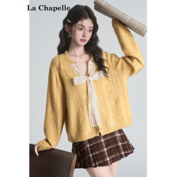 拉夏貝爾溫柔風蝴蝶結系帶黃色v領長袖針織衫女秋季毛衣翻領上衣