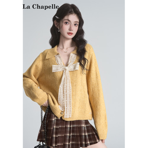 拉夏貝爾溫柔風蝴蝶結系帶黃色v領長袖針織衫女秋季毛衣翻領上衣 拉夏貝爾溫柔風蝴蝶結系帶黃色v領長袖針織衫女秋季毛衣翻領上衣