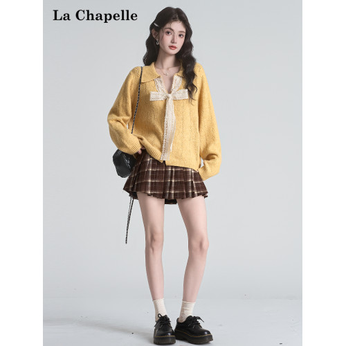 拉夏貝爾溫柔風蝴蝶結系帶黃色v領長袖針織衫女秋季毛衣翻領上衣 拉夏貝爾溫柔風蝴蝶結系帶黃色v領長袖針織衫女秋季毛衣翻領上衣