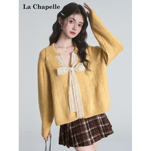 拉夏貝爾溫柔風蝴蝶結系帶黃色v領長袖針織衫女秋季毛衣翻領上衣 拉夏貝爾溫柔風蝴蝶結系帶黃色v領長袖針織衫女秋季毛衣翻領上衣