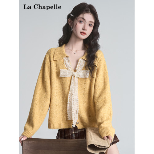 拉夏貝爾溫柔風蝴蝶結系帶黃色v領長袖針織衫女秋季毛衣翻領上衣 拉夏貝爾溫柔風蝴蝶結系帶黃色v領長袖針織衫女秋季毛衣翻領上衣