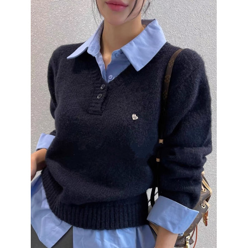 早秋假兩件polo領學院風減齡毛衣女裝韓系寬松針織衫法式別致上衣