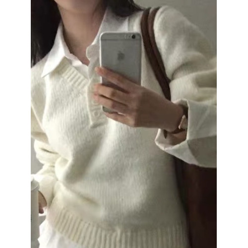 早秋假兩件polo領學院風減齡毛衣女裝韓系寬松針織衫法式別致上衣