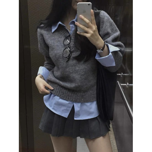 早秋假兩件polo領學院風減齡毛衣女裝韓系寬松針織衫法式別致上衣